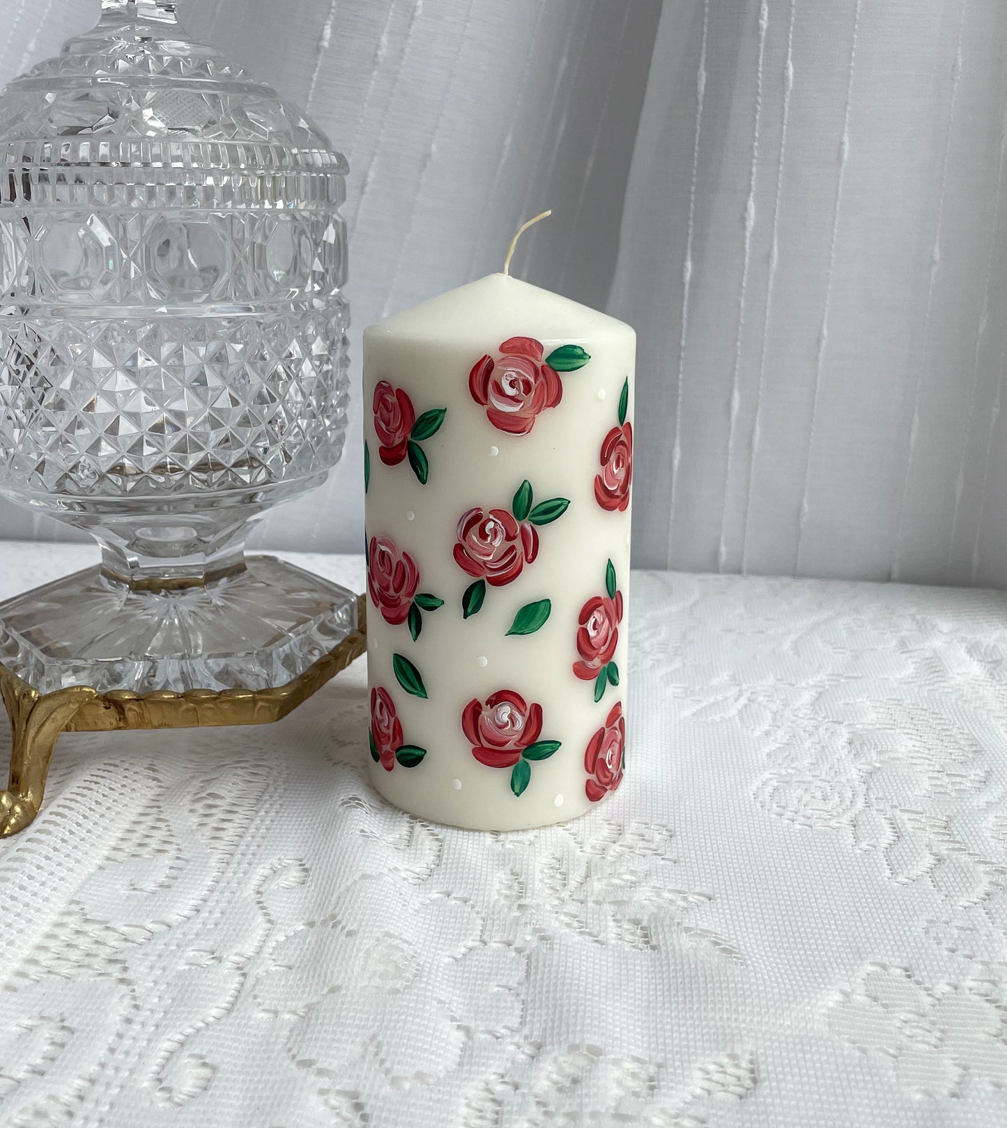 Hand Painted Pillar Candle Red Flower Design