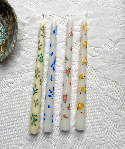 Hand Painted Tapered Candle Sticks Blue Leaf Pattern