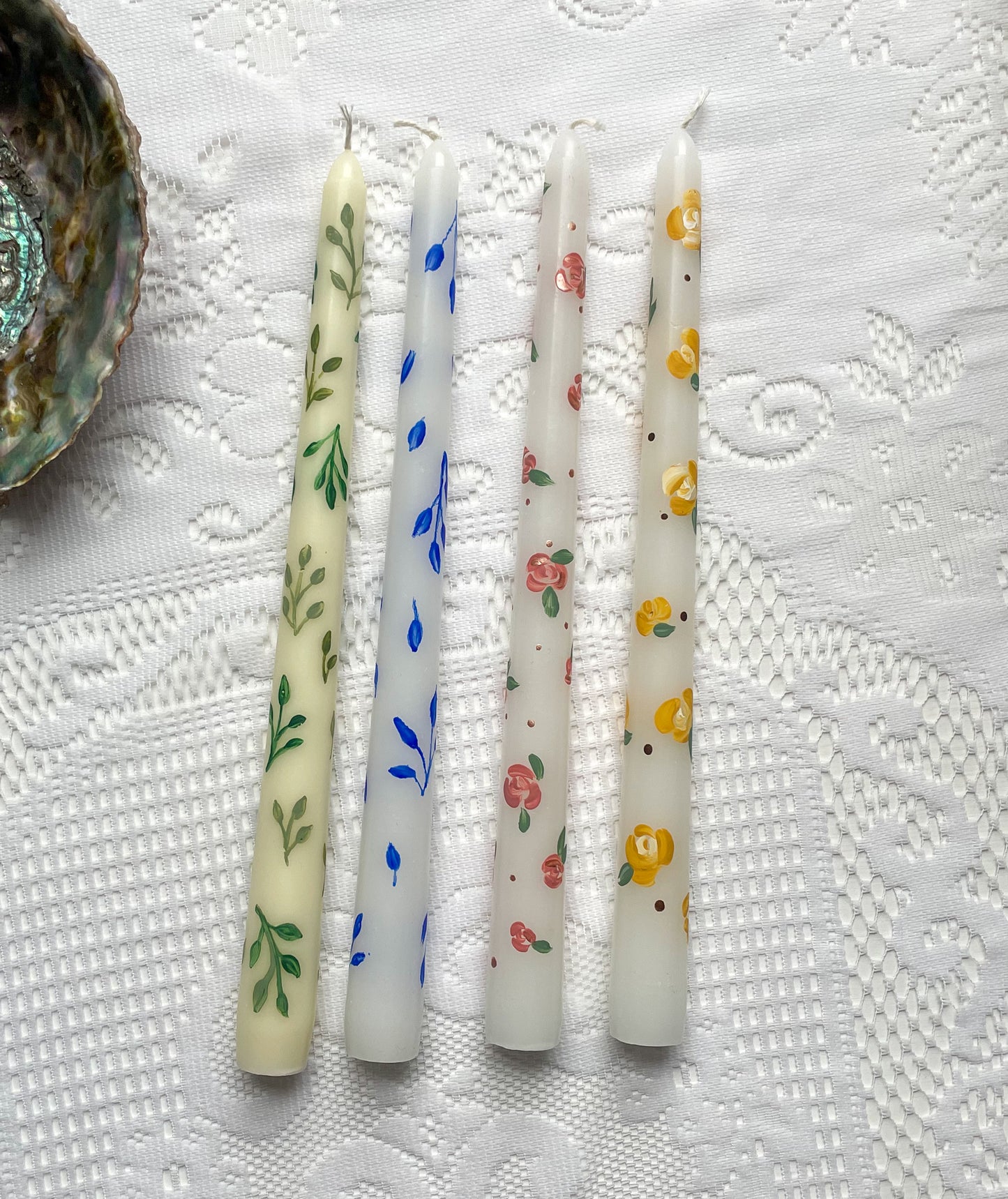 Hand Painted Tapered Candle Sticks Green Leaf Pattern