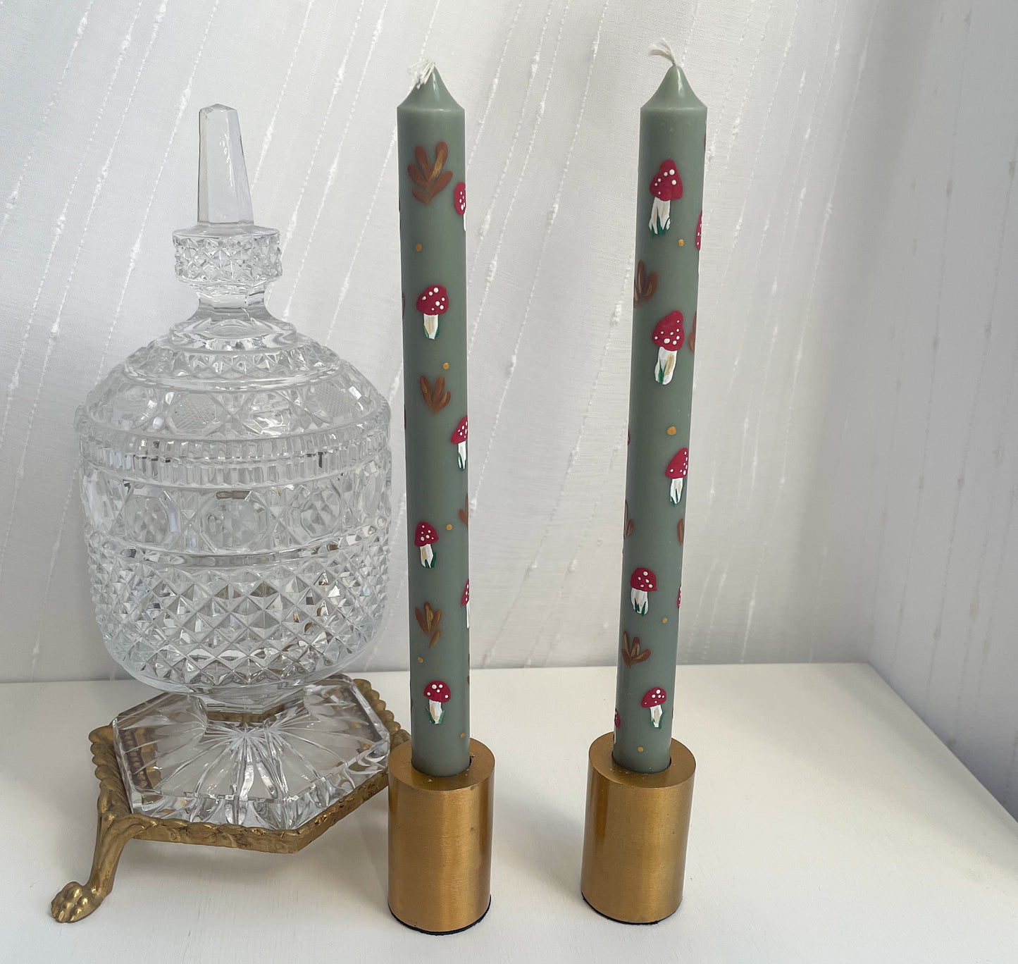 Hand Painted Tapered Candle Sticks Mushroom Pattern