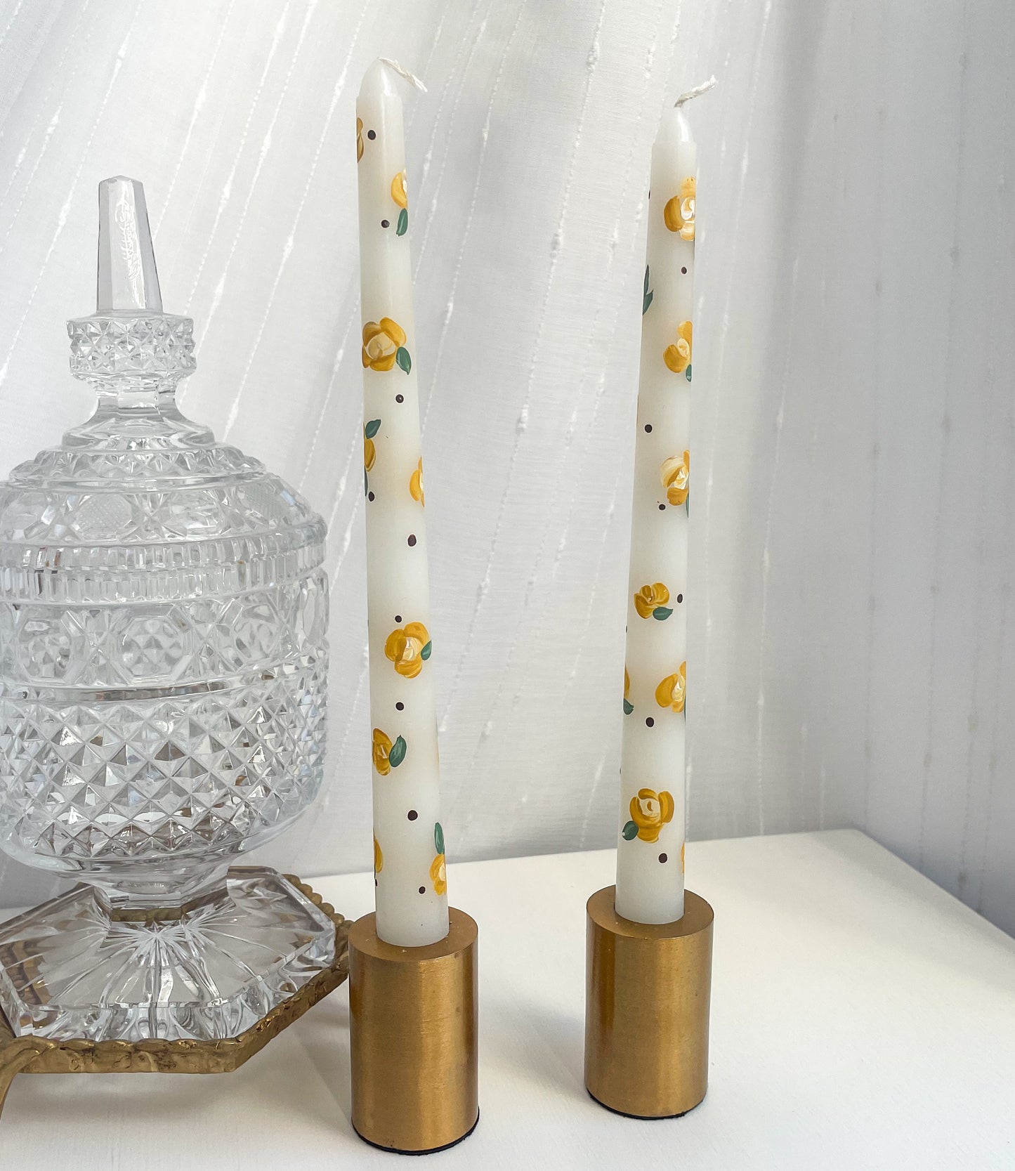 Hand Painted Tapered Candle Sticks Yellow Floral Pattern