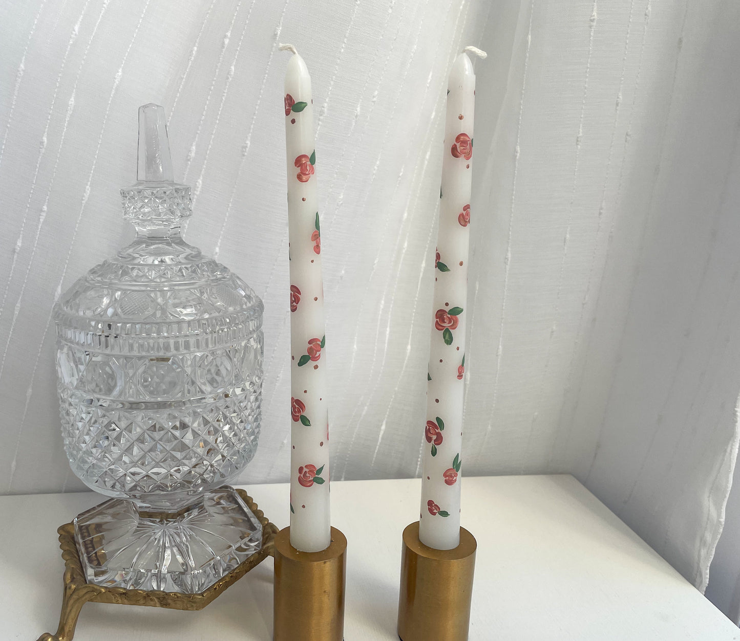 Hand Painted Tapered Candle Sticks Pink Floral Pattern