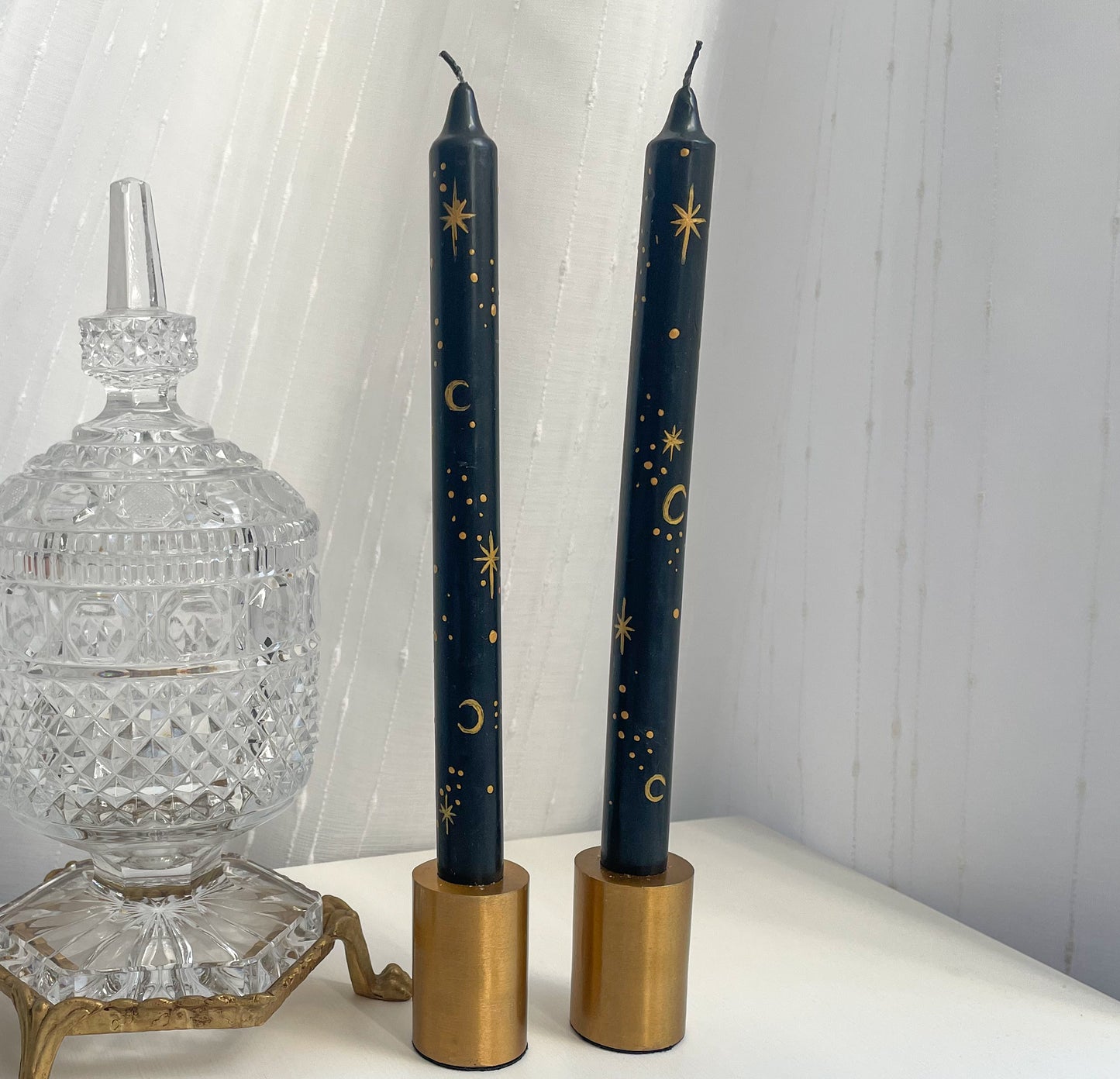 Hand Painted Tapered Candle Sticks Moon & Stars Pattern