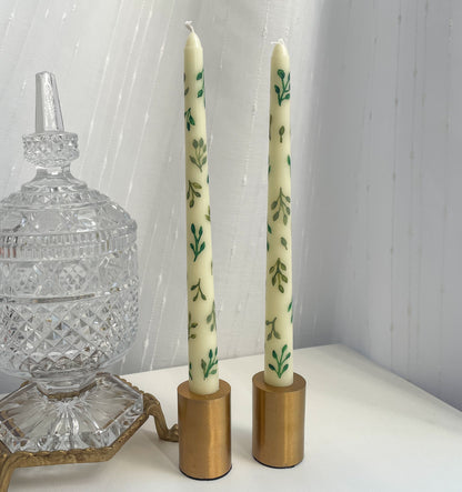 Hand Painted Tapered Candle Sticks Green Leaf Pattern