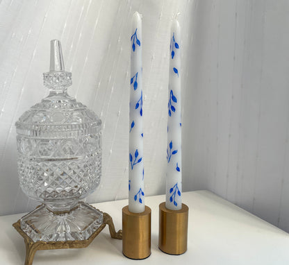 Hand Painted Tapered Candle Sticks Blue Leaf Pattern