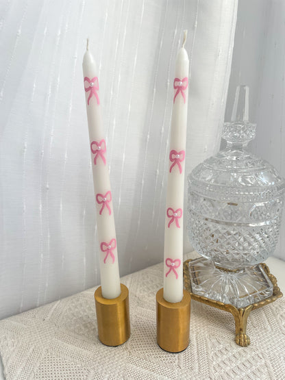 Hand Painted Tapered Candle Sticks Pink Bow & Pearl Pattern