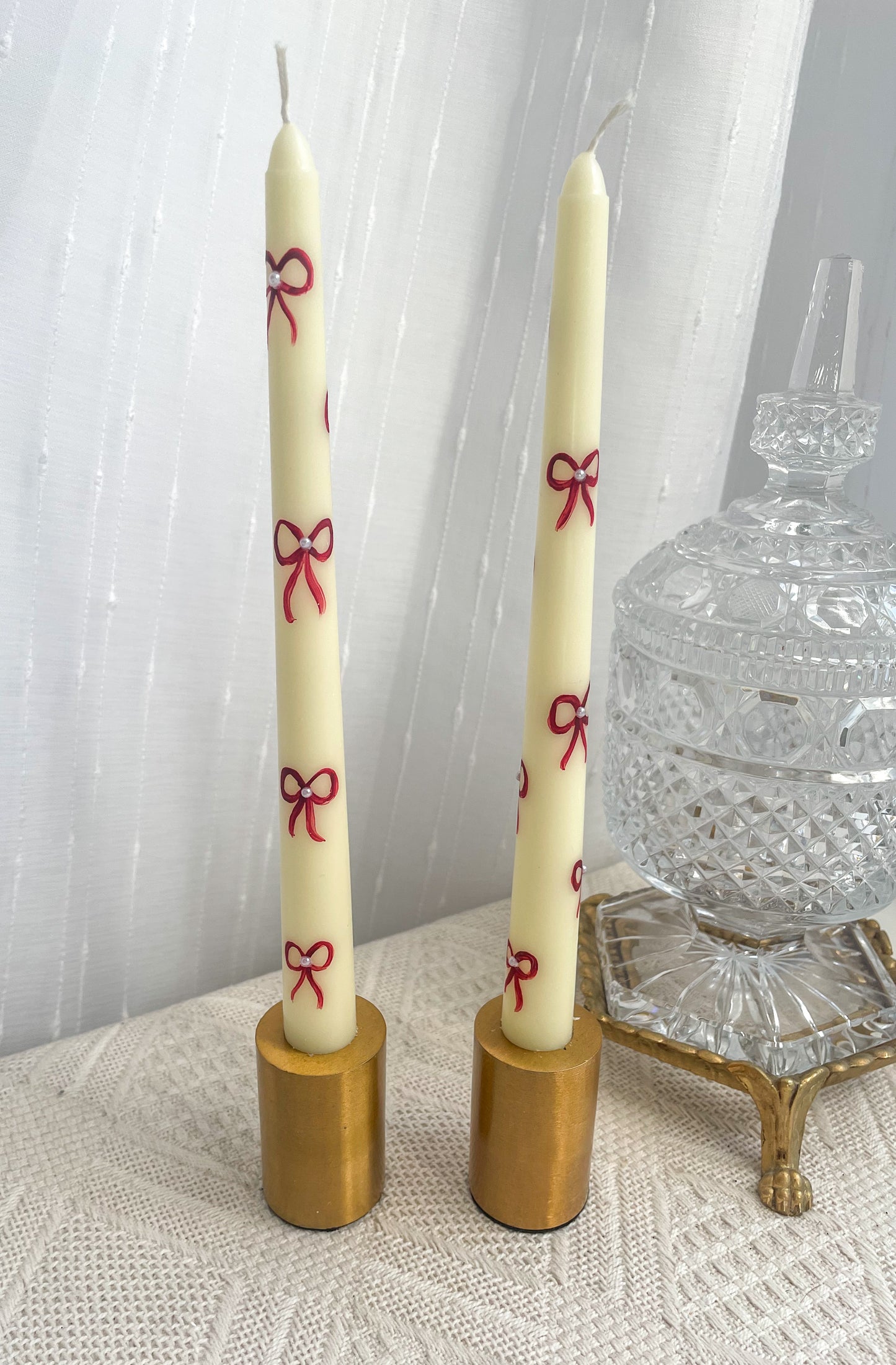 Hand Painted Tapered Candle Sticks Red Bows & Pearl Pattern