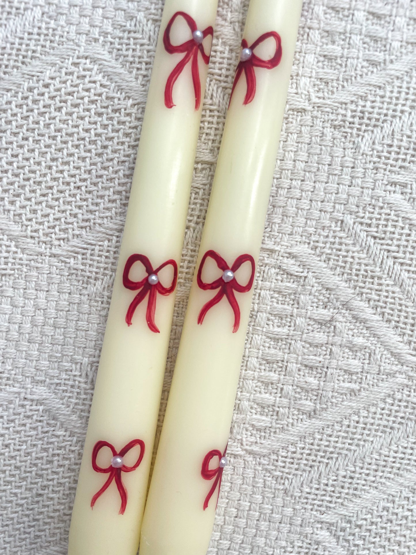 Hand Painted Tapered Candle Sticks Red Bows & Pearl Pattern