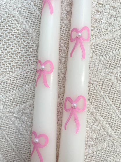 Hand Painted Tapered Candle Sticks Pink Bow & Pearl Pattern