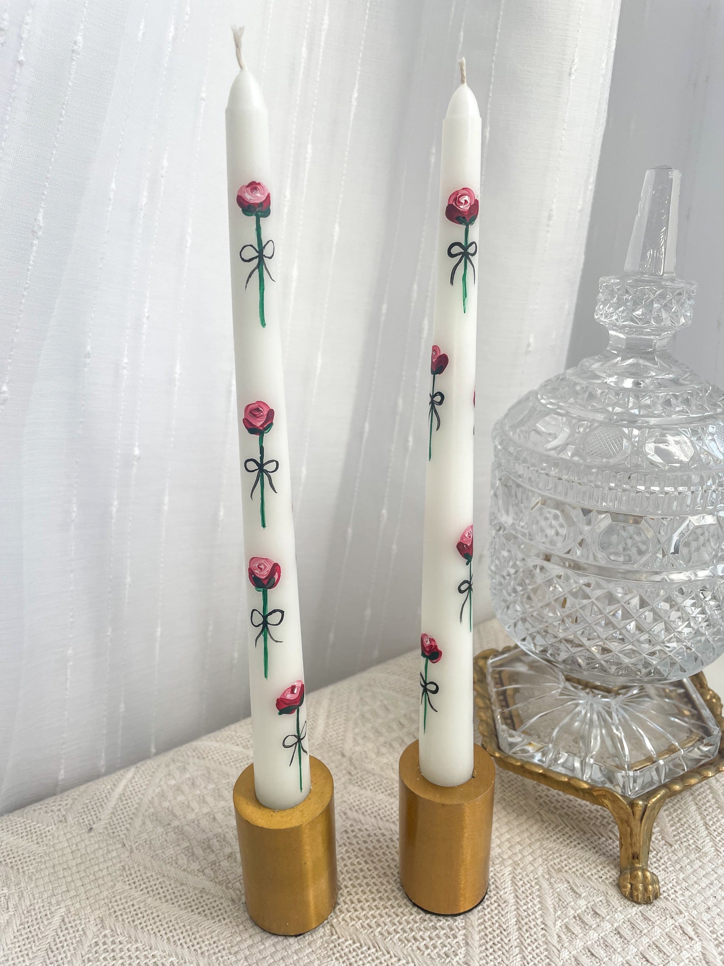 Hand Painted Tapered Candle Sticks Long Stem Rose Pattern